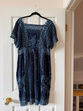 Johnny Was Navy Floral Embroidered Midi Dress with Lace Trim